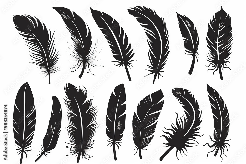 Feather icon, animal feathers isolated, black plume symbol, minimal plume silhouette on white Feather icon, animal feathers isolated, black plume symbol, minimal plume silhouette on white