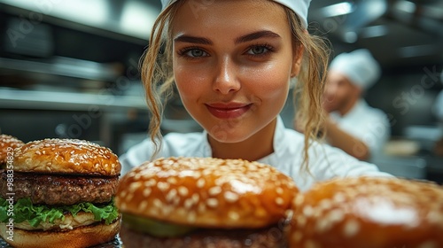 close up of professional female chef preparing burgers indoors in restaurant kitchen