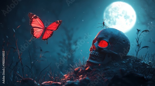 A grinning skull its empty sockets staring vacantly ahead sits atop a crumbling headstone illuminated by the eerie glow of a full moon a single blood red butterfly perched atop its head. photo