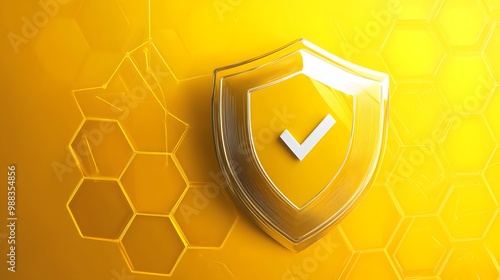 Protection. Healthcare. Insurance. Cyber security. Network safety. Protection shield with Check mark icon inside transparent sphere shield with hexagon pattern on yellow background. Vector illustratio