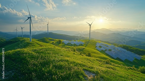 Wind Turbines and Solar Panels on a Lush Green Hillside