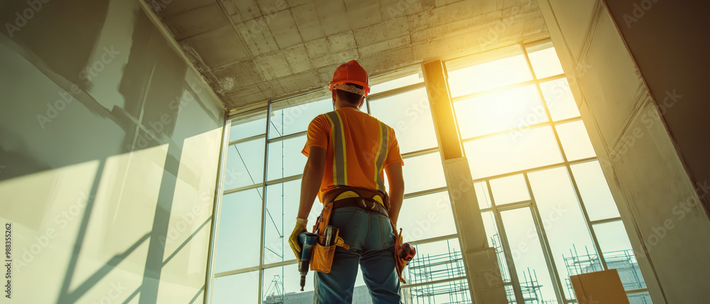A construction worker stands confidently in a partially completed building, bathed in warm light from large windows. A construction worker stands confidently in a partially completed building, bathed in warm light from large windows.