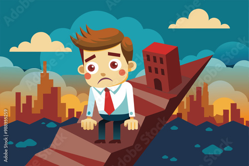 A worried individual sits on a steep, upward path, reflecting feelings of despair against a backdrop of an urban skyline at dusk.