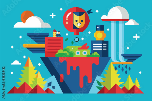 A vibrant fantasy landscape showcases a colorful downfall with whimsical elements and playful characters in a bright, cheerful atmosphere.