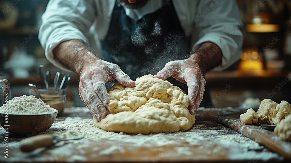Chef kneading dough in a rustic kitchen setting. Chef kneading dough in a rustic kitchen setting.