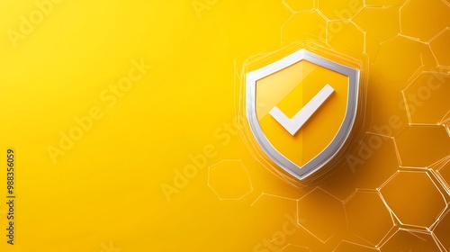 Protection. Healthcare. Insurance. Cyber security. Network safety. Protection shield with Check mark icon inside transparent sphere shield with hexagon pattern on yellow background. Vector illustratio photo