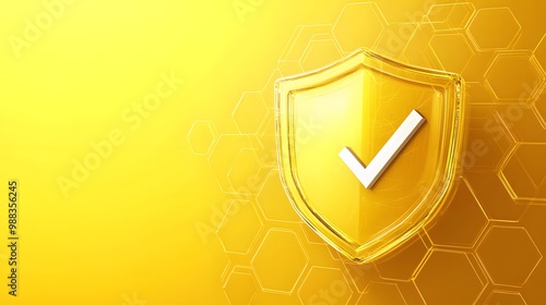 Protection. Healthcare. Insurance. Cyber security. Network safety. Protection shield with Check mark icon inside transparent sphere shield with hexagon pattern on yellow background. Vector illustratio