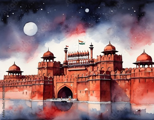 Historic Red Fort in Delhi showcasing Indian culture with a tricolor flag fluttering on a clear day photo