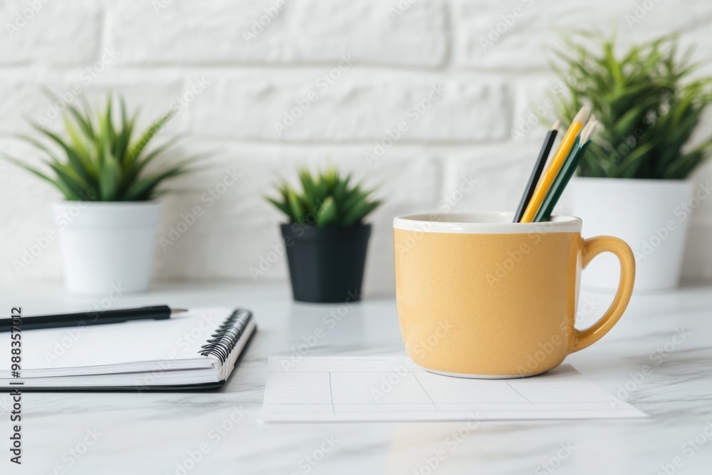 Cozy workspace with a yellow mug and greenery accents Cozy workspace with a yellow mug and greenery accents