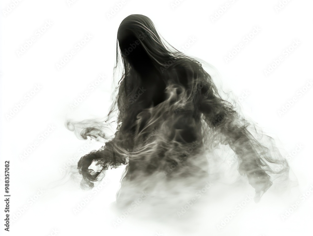 Fototapeta premium An ancient ghostly figure, isolated on a plain white background, haunting and mysterious