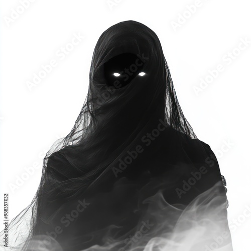 A gothic ghostly woman, isolated on white, with hollow eyes and a dark, eerie presence