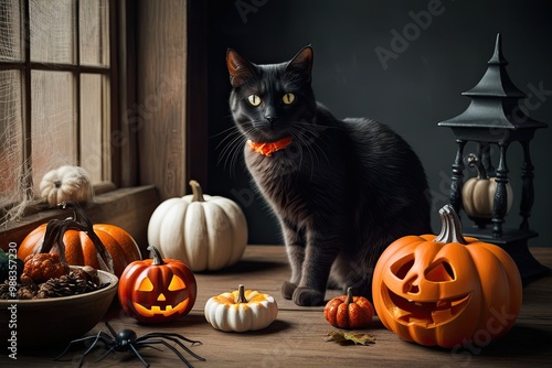 Vintage Mysterious Cat in a Halloween Scene