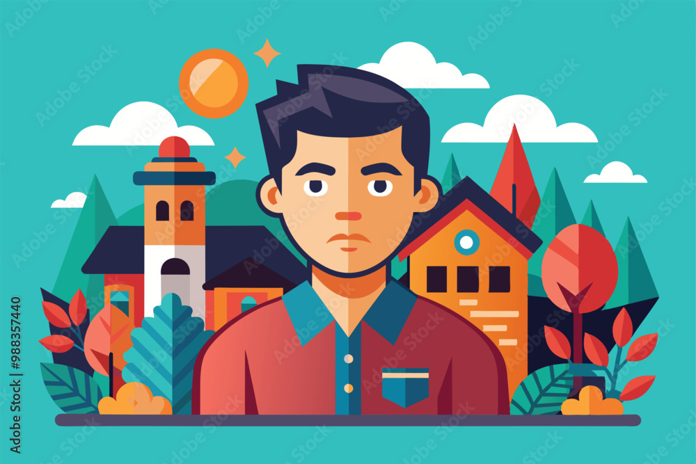 A young man stands in front of vibrant trees and stylized buildings under a bright sun, showcasing a cheerful rural atmosphere. A young man stands in front of vibrant trees and stylized buildings under a bright sun, showcasing a cheerful rural atmosphere.