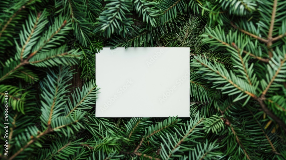 A blank white card is nestled among vibrant green pine branches, perfect for writing heartfelt messages or festive greetings A blank white card is nestled among vibrant green pine branches, perfect for writing heartfelt messages or festive greetings