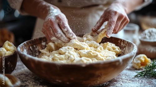 Hands mixing dough in a wooden bowl, surrounded by flour.