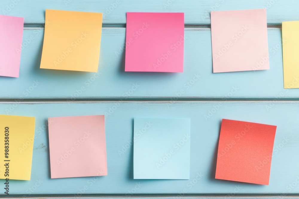 Colorful sticky notes arranged on a blue wooden surface Colorful sticky notes arranged on a blue wooden surface