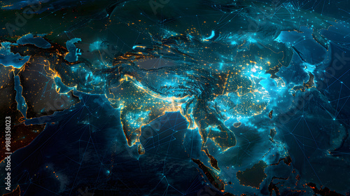 dynamic digital world map emphasize America and Asia continental for AI powered global network connectivity big data transfer cyber technology network information exchange and telecommunication 