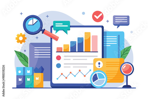 Graphs and charts demonstrate data analysis while various tools and elements enhance a workspace focused on downloading important document information.