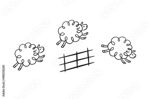 Doodle line cute sheep jumping over fence. Good night sleep poster. Counting sheep to fall asleep. 