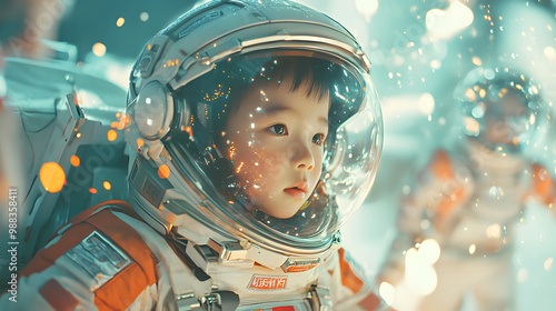 3 years old Chinese boy, Wearing a spacesuit , In the spacecraft, it is in a weightless floating state. cinematic lighting, letterboxed, projected inset, wide shot, whole body, high details photo