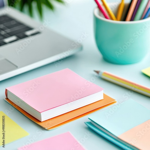 Colorful stationery and laptop on a workspace table