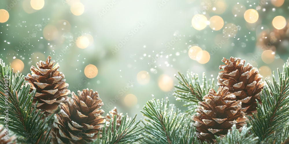 Christmas tree branches with pine cones and glowing lights on a blurred bokeh background, creating a festive holiday atmosphere. Christmas tree branches with pine cones and glowing lights on a blurred bokeh background, creating a festive holiday atmosphere.