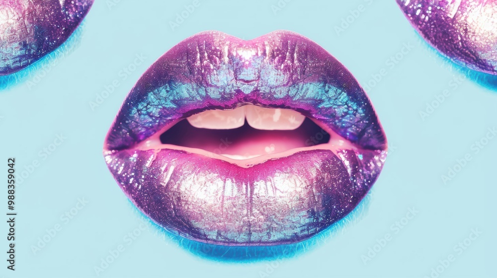 Glossy purple lips are arranged on a bright blue background, highlighting their shine and vibrant color, creating a striking visual effect Glossy purple lips are arranged on a bright blue background, highlighting their shine and vibrant color, creating a striking visual effect