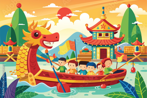 A vibrant cartoon depiction of people participating in the Dragon Boat Festival, rowing a dragon-shaped boat along a scenic river surrounded by mountains.
