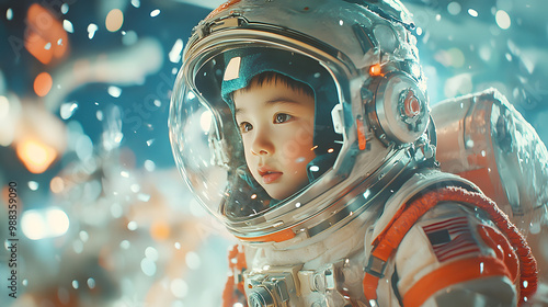 3 years old Chinese boy, Wearing a spacesuit , In the spacecraft, it is in a weightless floating state. cinematic lighting, letterboxed, projected inset, wide shot, whole body, high details photo