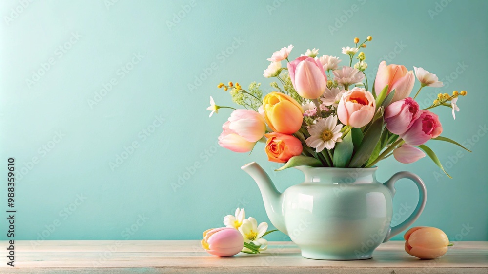 Spring Tulips in Blue Teapot on Wooden Table with Turquoise Background Spring Tulips in Blue Teapot on Wooden Table with Turquoise Background