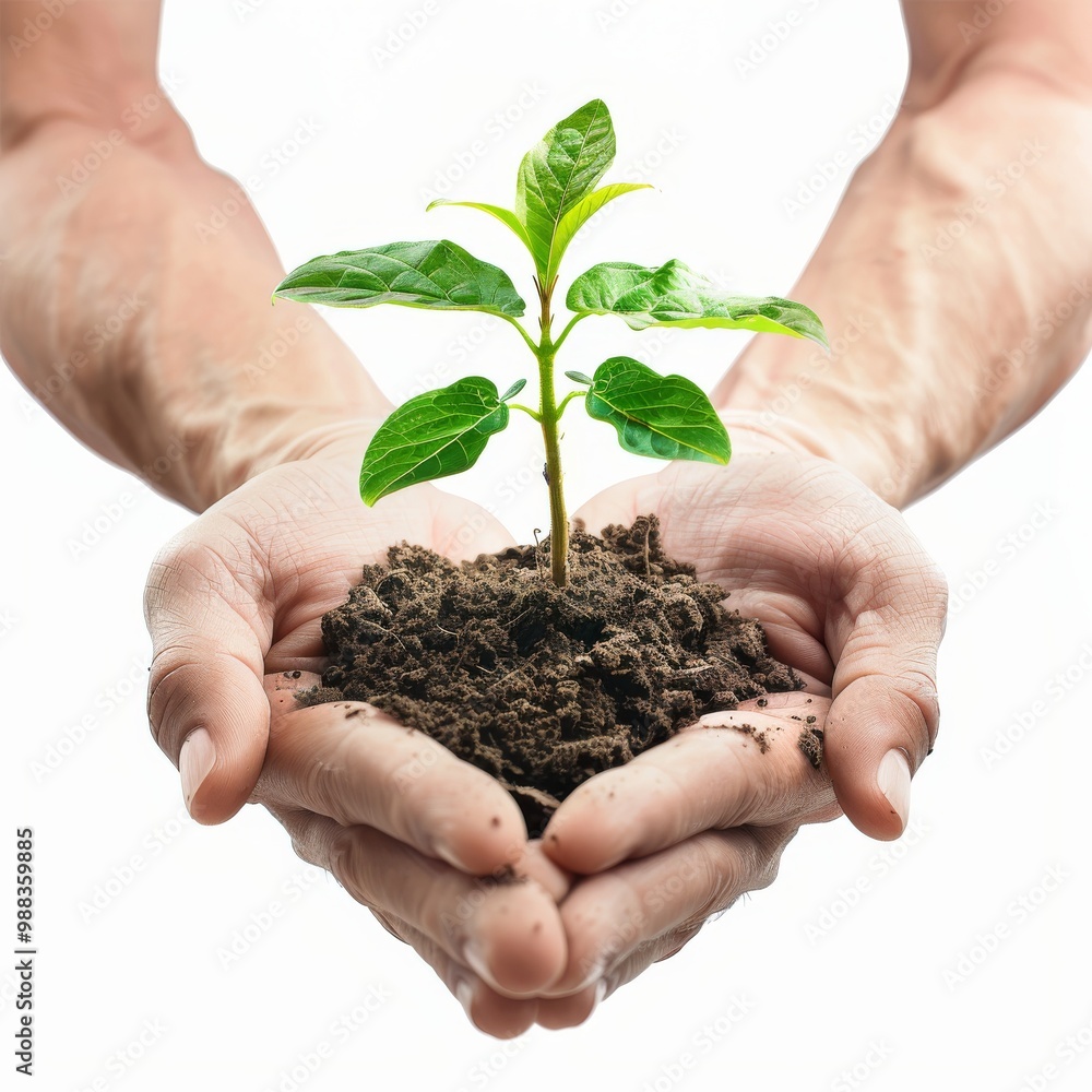 Hands holding young green plant isolated, young sprout in earth pile closeup, ecology, environmental protection Hands holding young green plant isolated, young sprout in earth pile closeup, ecology, environmental protection