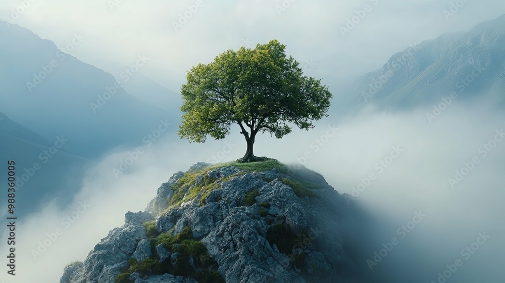 A solitary tree stands tall on a misty mountain peak. A solitary tree stands tall on a misty mountain peak.