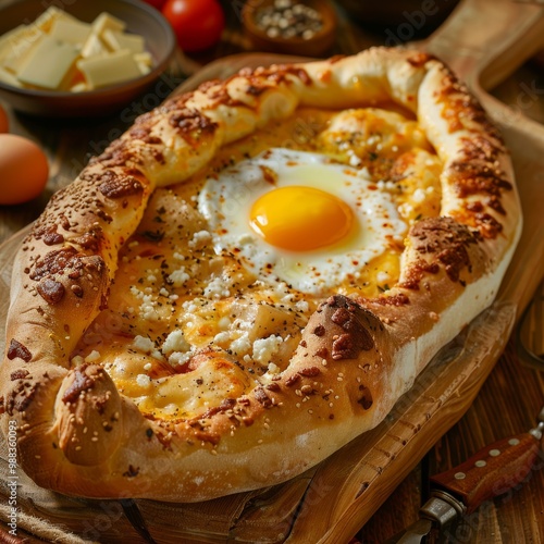 Homemade Ajarian Khachapuri with Sulguni Cheese Filled with a Raw Egg and Melted Butter Close Up photo