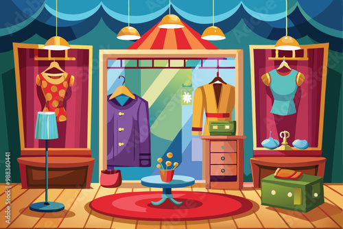 A vibrant dressing room showcases colorful outfits on display with stylish decor and warm lighting, creating a playful and inviting atmosphere.