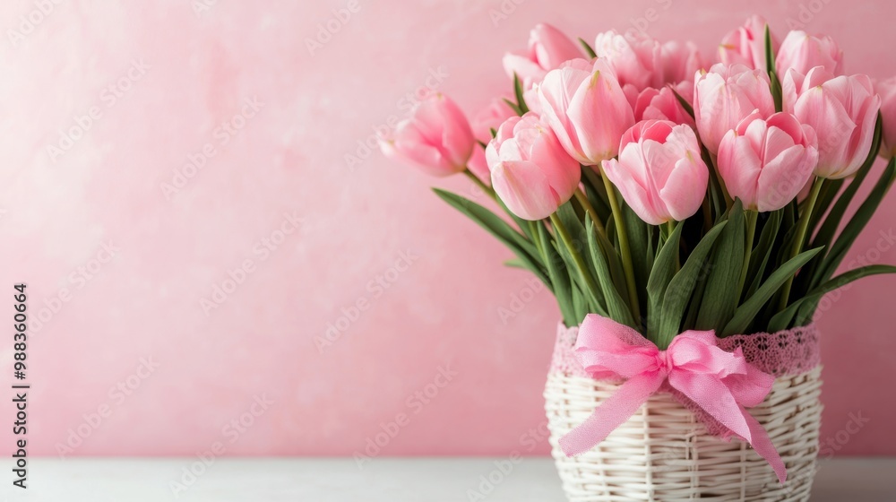 Obraz premium A beautiful basket overflowing with pink tulips, elegantly tied with a ribbon, set on a pale pink surface, perfect for spring occasions
