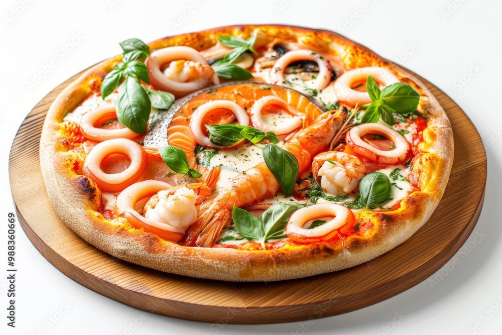 Hot Seafood Pizza, Fried Yeasted Flatbread with Squid Rings and Red Fish, Salmon or Trout Fillets Hot Seafood Pizza, Fried Yeasted Flatbread with Squid Rings and Red Fish, Salmon or Trout Fillets