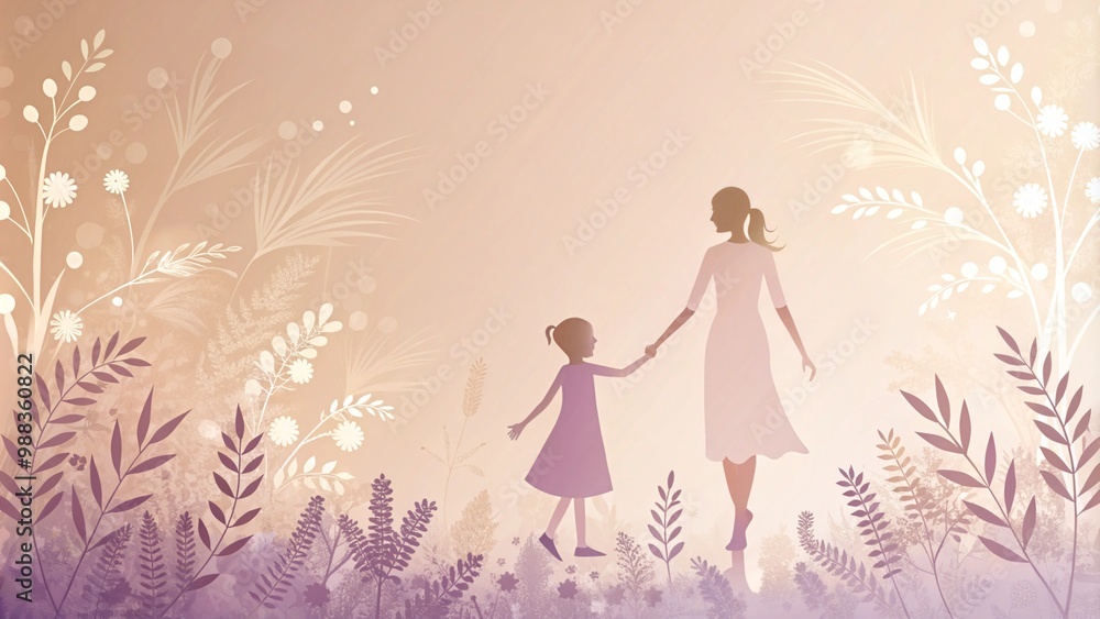Mother and Daughter Walking Through Flowery Field Mother and Daughter Walking Through Flowery Field