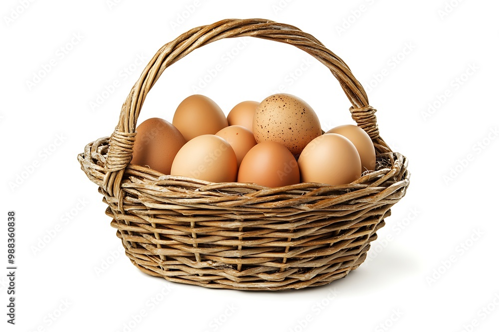 Brown and white eggs in the wicker basket over white background Brown and white eggs in the wicker basket over white background
