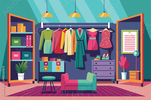 A vibrant dressing room showcases an array of clothing, stylish furniture, and decorative plants, creating an inviting space for fashion and organization.