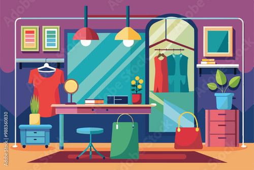 A vibrant dressing room features a stylish layout with clothing racks, a mirror, and accessories, perfect for personalizing fashion choices and styling outfits.