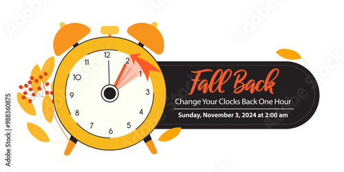 Fall Back concept. Clock changing back one hour with schedule information, 3 November 2024. Daylight Saving Time banner. Vector illustration