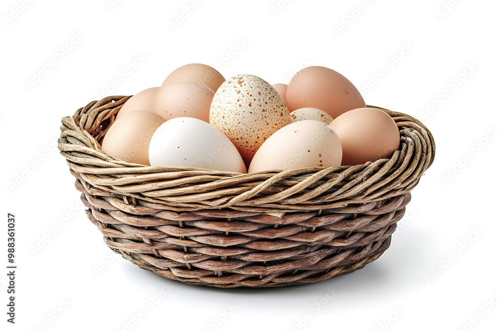 Brown and white eggs in the wicker basket over white background Brown and white eggs in the wicker basket over white background