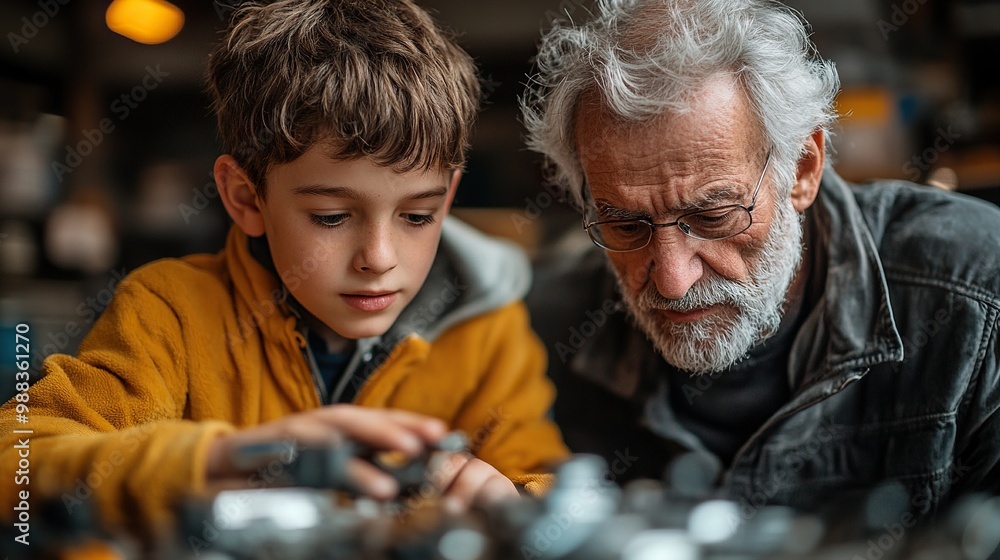 elderly father teaching son how to refill fluid in car coolant in