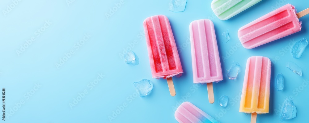 Colorful popsicles arranged on a blue background, with droplets of water adding a refreshing touch to the summery treat. Colorful popsicles arranged on a blue background, with droplets of water adding a refreshing touch to the summery treat.