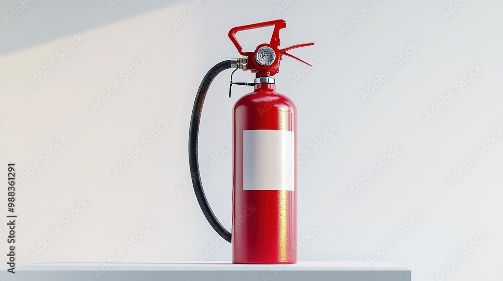Obraz premium Fire extinguisher displayed on a pedestal against a white backdrop, emphasizing its design and functionality