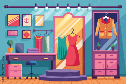 A vibrant dressing room showcases colorful clothing, stylish furniture, and decorative elements, creating a welcoming atmosphere for fashion enthusiasts.