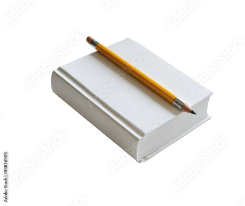 Blank book and yellow pencil on white background. photo