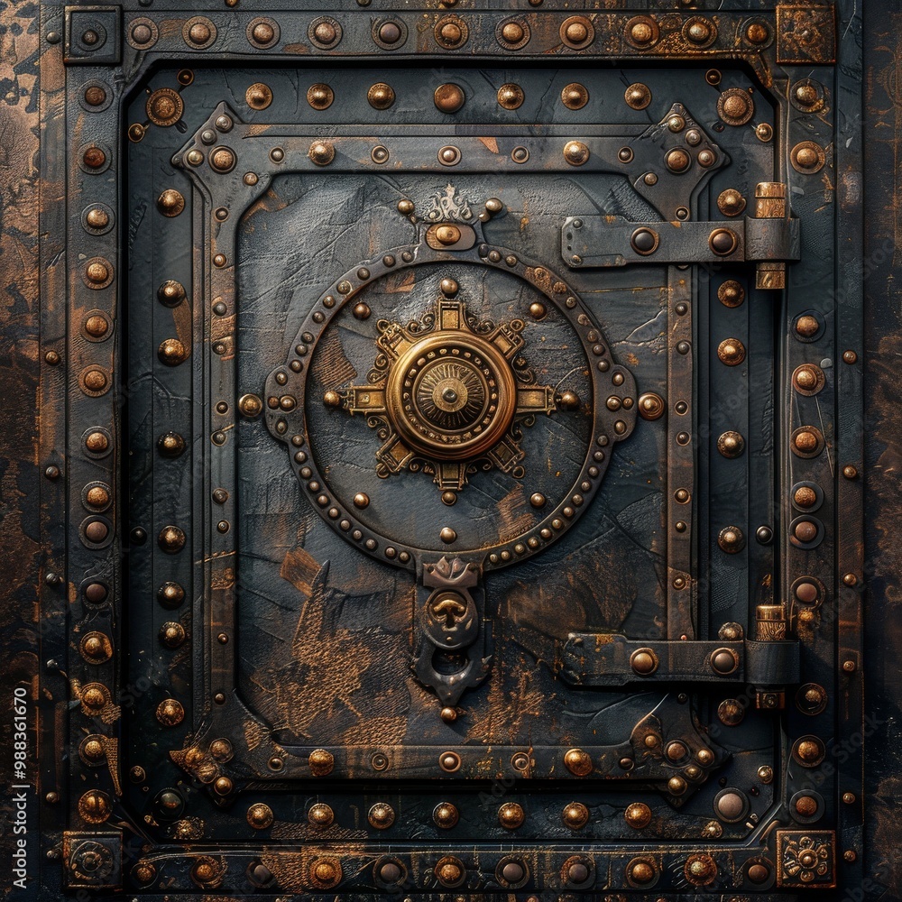 Fototapeta premium Retro Steampunk Safe, Vintage Banking, Ornate Steel Safe Drawing Imitation, Abstract Generative AI Illustration