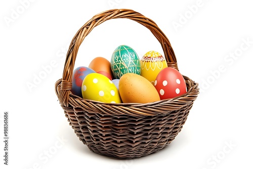 Easter basket filled with colorful eggs isolated on a white background