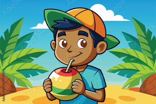 A cheerful character sips a coconut drink while relaxing on the beach surrounded by vibrant palm trees and a bright blue sky.